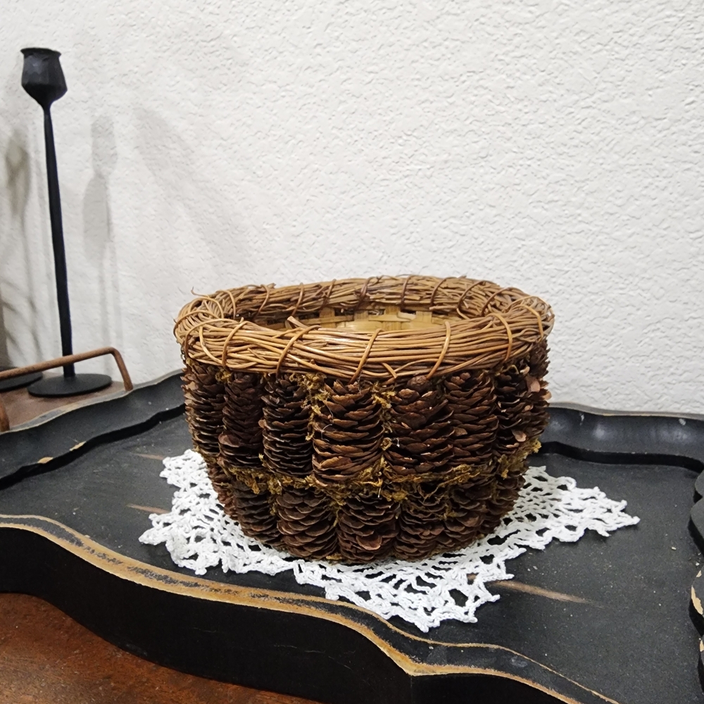 Vintage Woodland Rustic Pine Cone & Moss Covered Woven Basket cottagecore folk